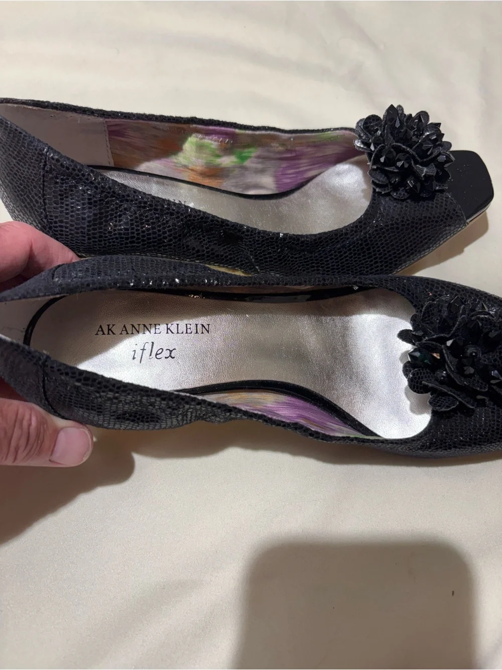 Anne Klein Black Open-Toe Pumps with Floral Rosette